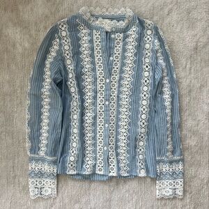 Sezane Blue and White Lace Blouse